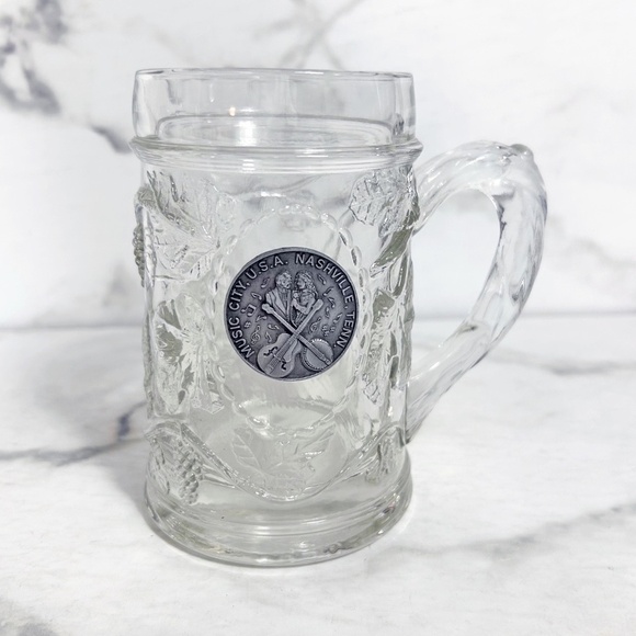 Vintage Beer Stein, heavy pressed glass, pewter medallion Nashville music City - Picture 1 of 7